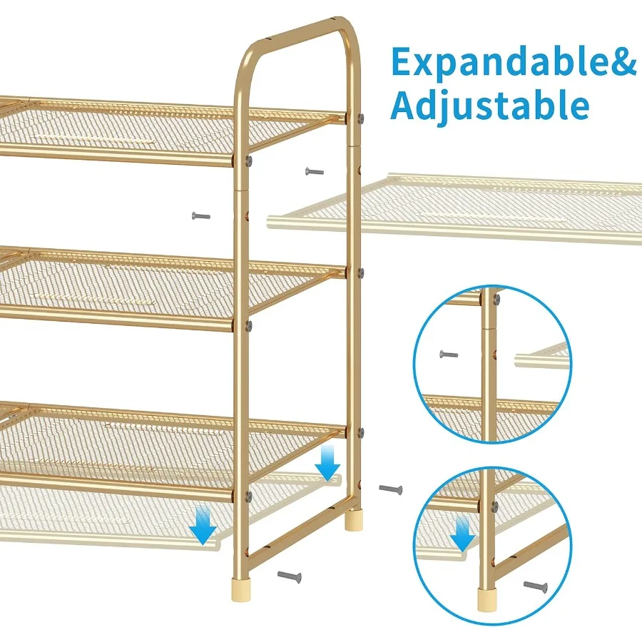 3Tier Stackable Shoe Rack Expandable Adjustable Shoe Shelf Storage Organizer Metal Mesh Gold