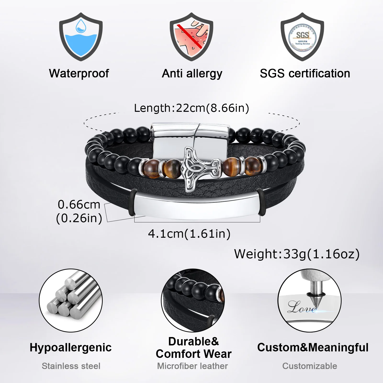 Men's Viking Thunder Hammer Leather Bracelet,Stainless Steel Full Light Curved Metal Bar,Black Microfiber Leather Wristband Gift