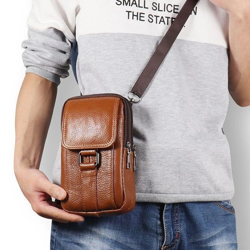 Portable Men Messenger Bags Cowhide Leather Belt Pouch Purse Fashion Simple Multi-pockets Casual for Outdoor Sport