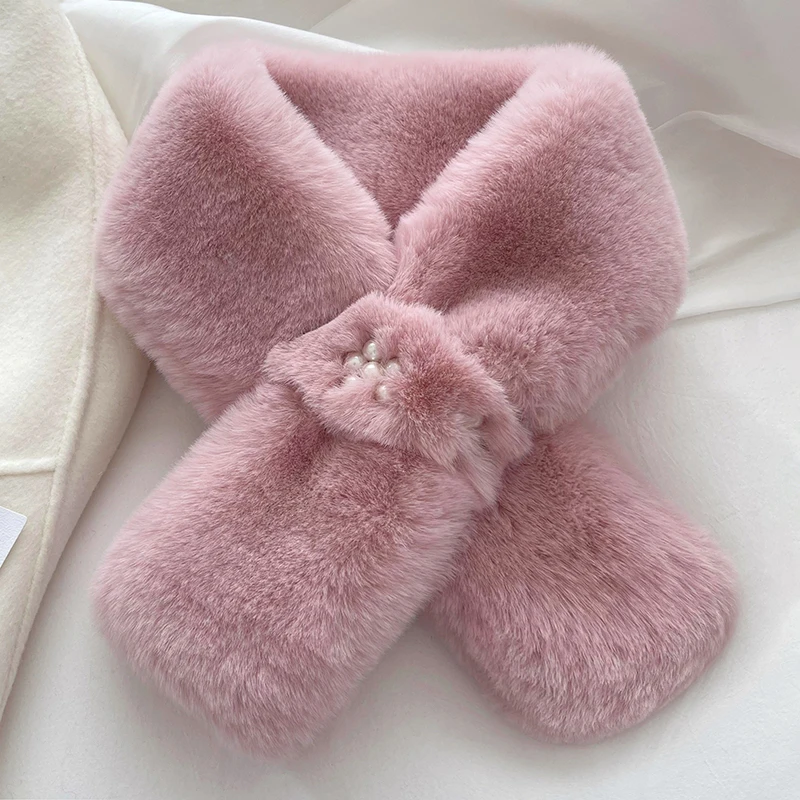 KoreanSolidColorPearlFauxRabbitFurCollarCrossPlushShawl