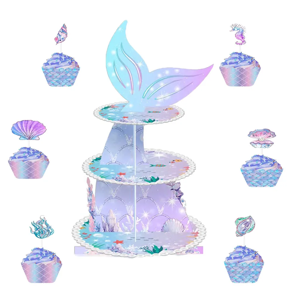 New Little Mermaid Party Cake Stand E Cake Toppers Wrappers Set Happy Birthday Party Decorations Kids Under The Sea Party Supp