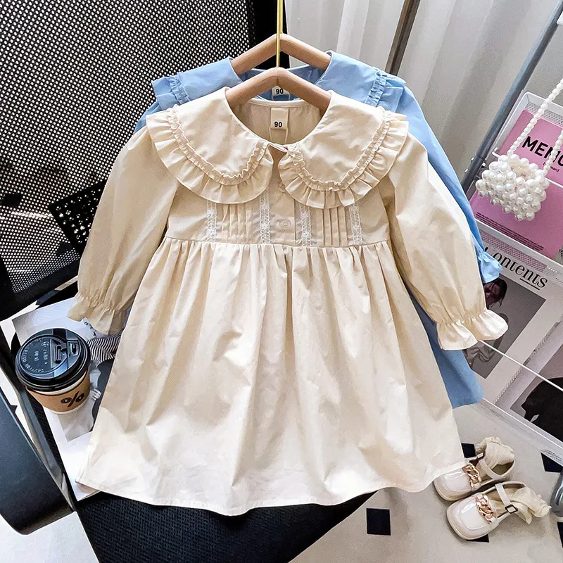 

2023 New Autumn Kids Boutique Clothes Girls Dress Soft Solid Color A-line Pleated Puffy Sweet Princess All-match Casual Lovely