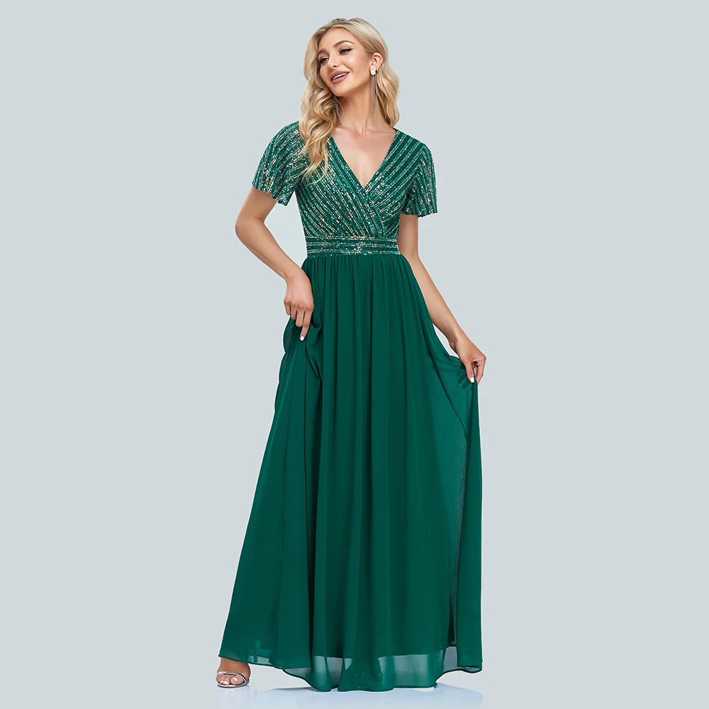 2022 New Women Green Evening Dresses Elegant V-Neck Sequins Chiffon Formal Gown Robe Vestidos De fiesta Dress For Wedding Party |