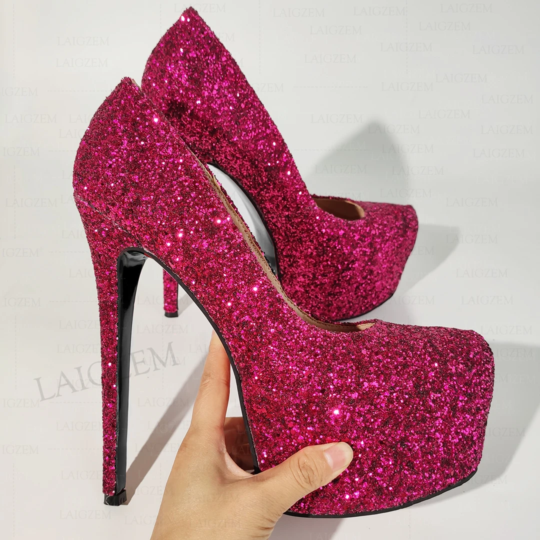 

BERZIMER Women Platform Pumps Round Toe Bling Glitter High Heels Party Prom Ladies Female Bling Shoes Woman Big Size 41 43 50 52