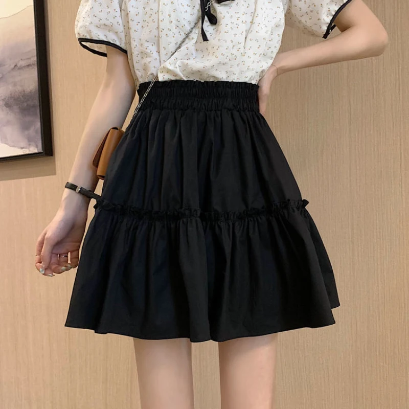 JMPRS Elegant White Women Mini Skirt Elastic High Waist A Line Fashion Ruffles Student Skirts Summer Black Casual Ladies Skirts pleated midi skirt