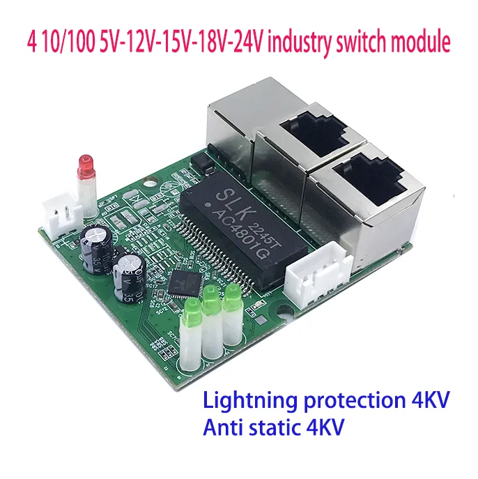 

Mini PCBA 4Ports Networkmini ethernet switch module 10/100Mbps 5V 12V 15V 18V with Lightning protection 4KV, anti-static 4KV