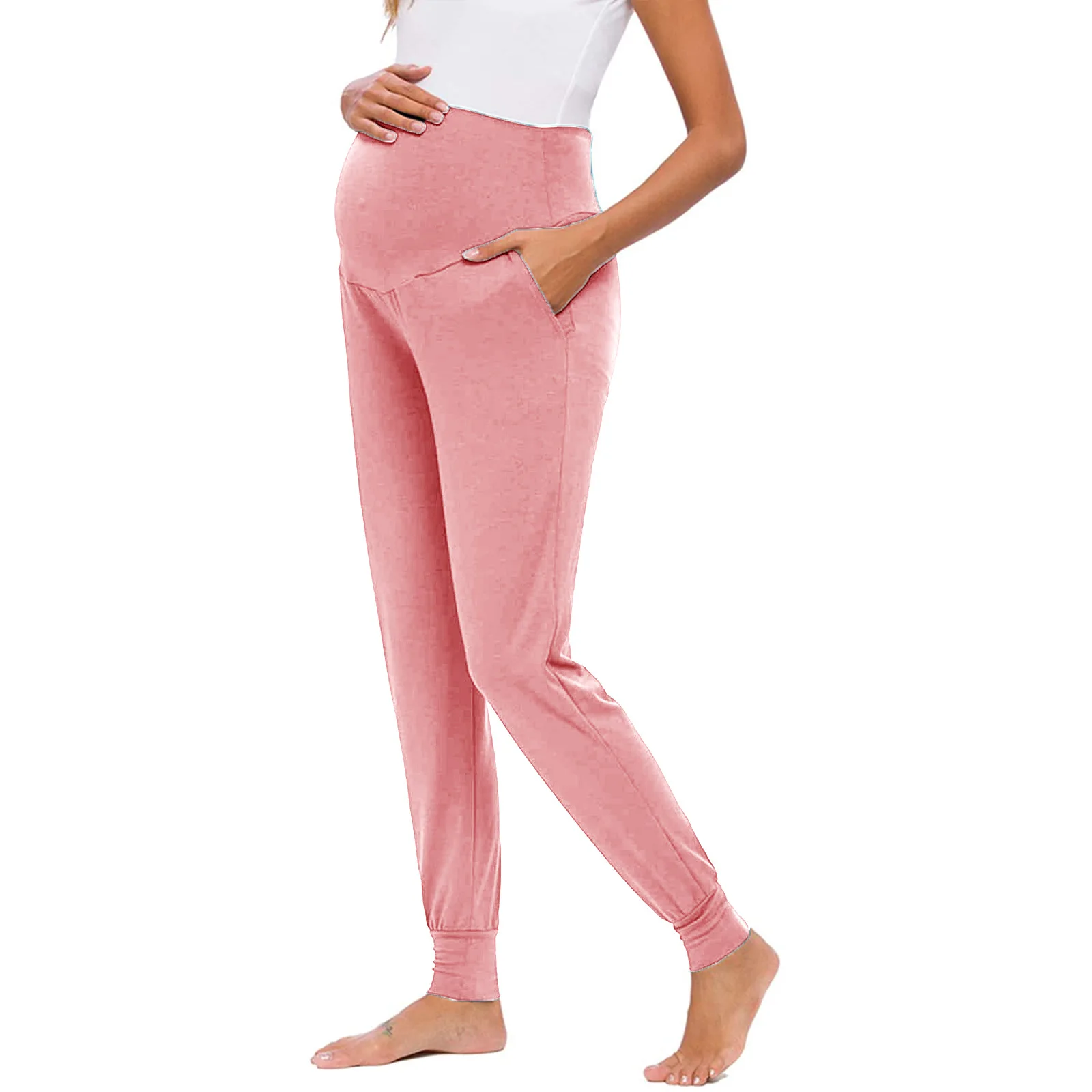 Spring Maternity Women's Casual Pants Premama Solid High Waist Strechy Lounge Trousers For Pregnant Women Joggers With Pockets 5