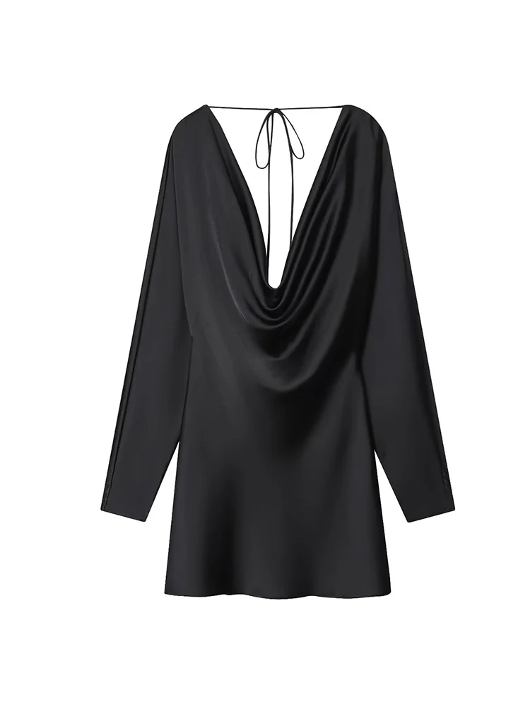 Women Elegant Mini Dress Sexy Swinging Collar Solid Long Sleeve Night Clubwear Lace Up Streetwear Fashion New Lady Clothes