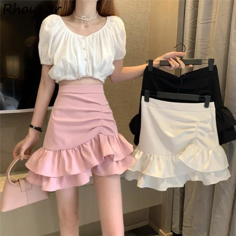 

Mini Skirts Women Folds Temper Slim A-line Irregular Юбка Женская Korean Style All-match Summer Elegant Vintage Personal Ladies