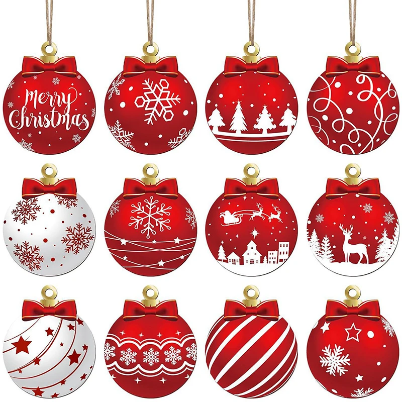 12Pcs Wooden Christmas Ball Ornaments Xmas Tree Hanging Pendant DIY Craft Merry Christmas Decoration For Home 2025 New Year Gift