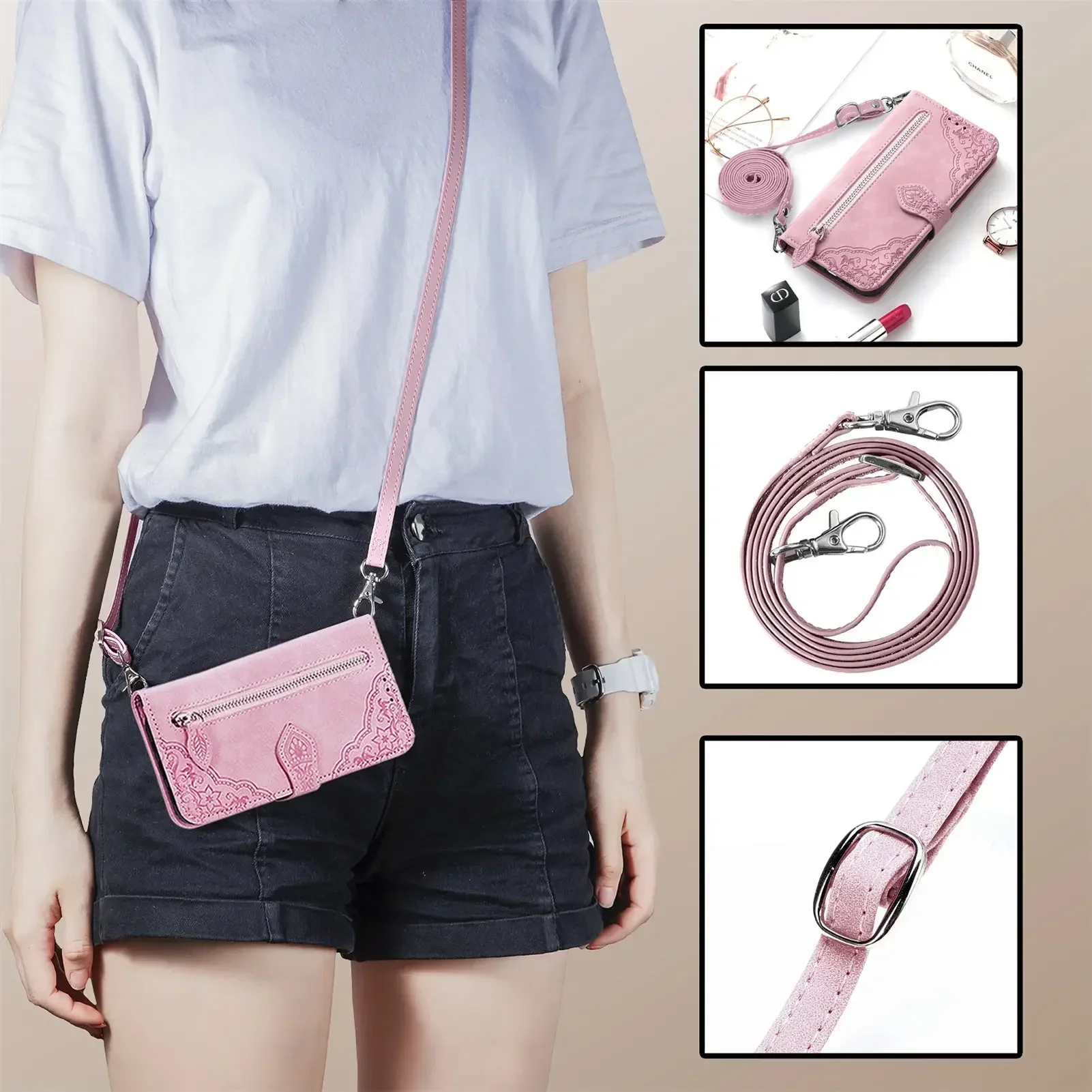 Leather Crossbody Wallet with Magnetic Lanyard and Card Slot Cover