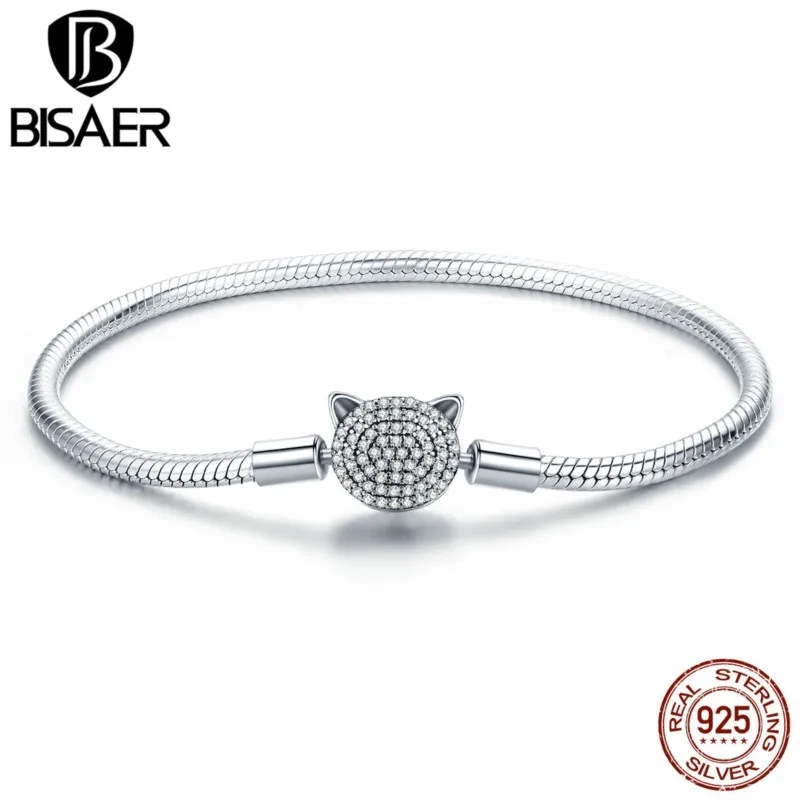 

BISAER 100% 925 Sterling Silver Bracelet Pave Setting CZ Cute Cat Animal Clasp Charm Snake for Bracelets Women Fine Jewelry