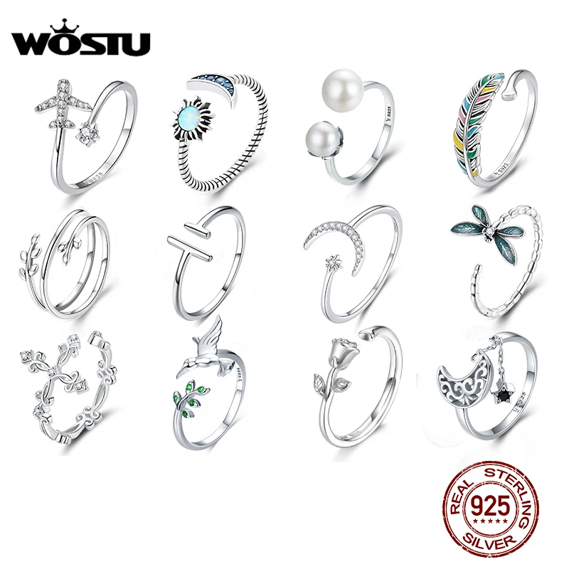 WOSTU Adjustable Rings Real 925 Sterling Silver Stackable Engagement Zircon Open Size Rings For Women Female Original Jewelry