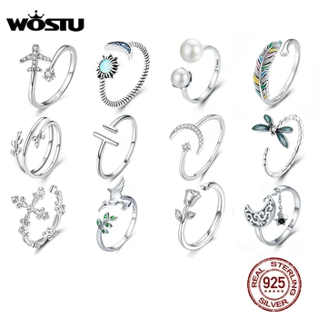 WOSTU Adjustable Rings Real 925 Sterling Silver Stackable Engagement Zircon Open Size Rings For Women Female Original Jewelry