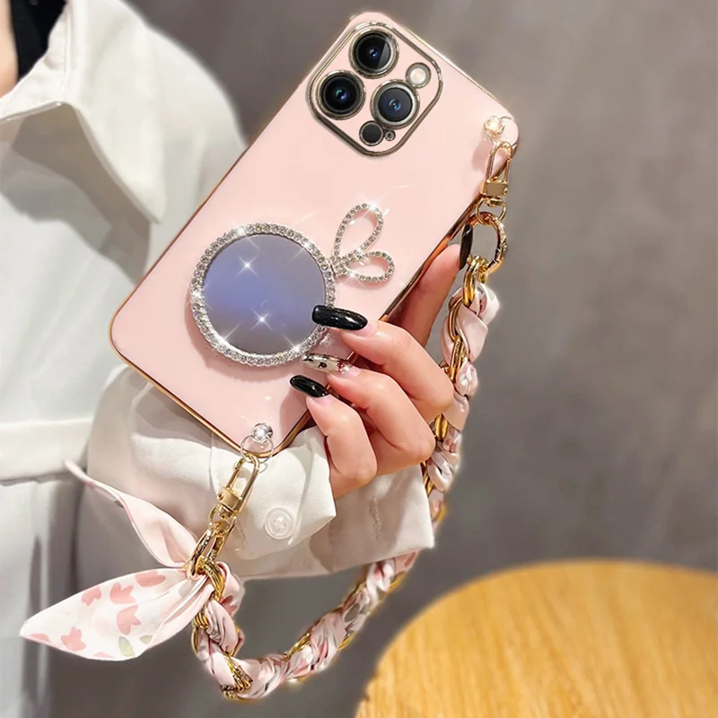 Söt Kaninspegel Silk Lanyard Armbandsfodral För Samsung Galaxy A34 A54 A53 A32 A33 A13 4G 5G A25 A31 A21S A14 A12_voghion.com