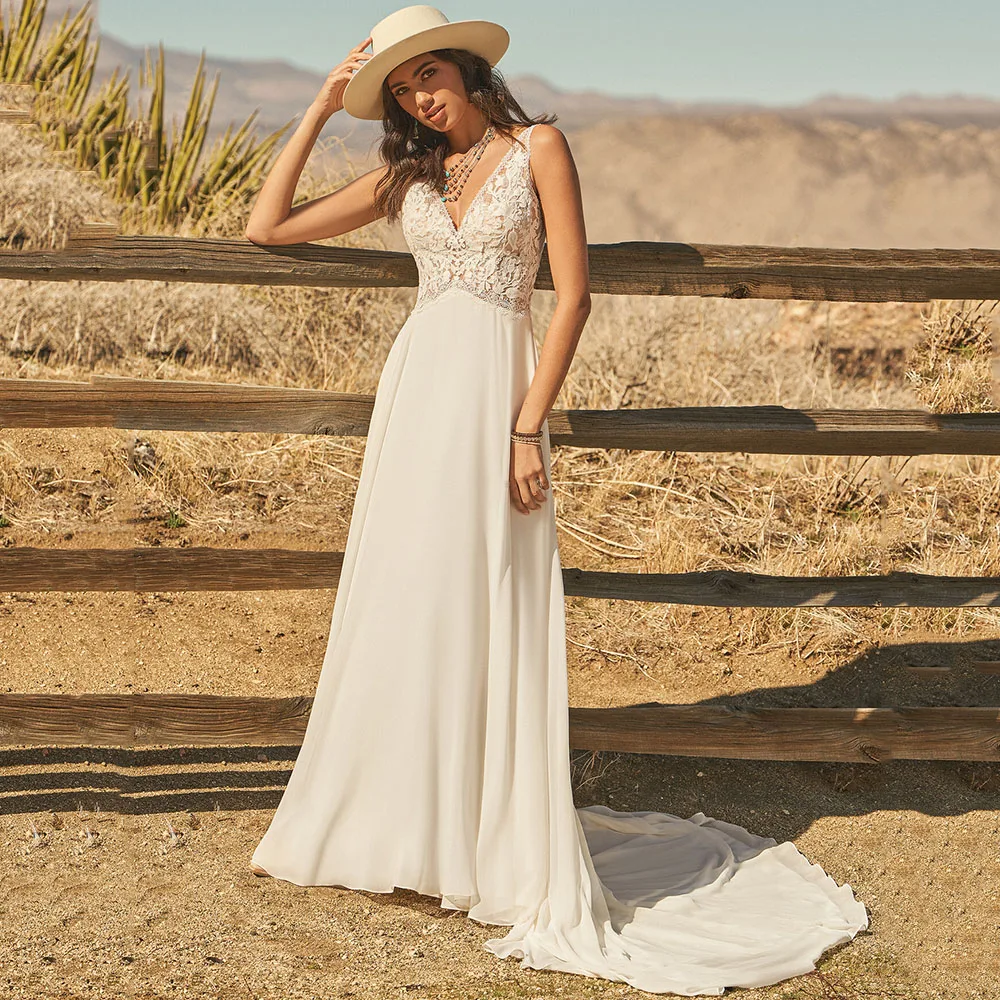 

LoveDress V-Neck Sleeveless Wedding Dresses Lace Appliques A-Line Boho Chiffon Bride Gowns Backless Button Train Robe De Mariée