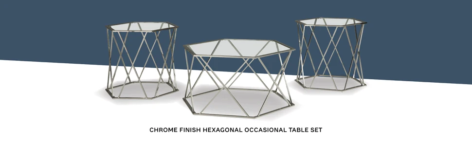 3 piece occasional table set cocktail coffee end tables chairside glass top chrome legs modern