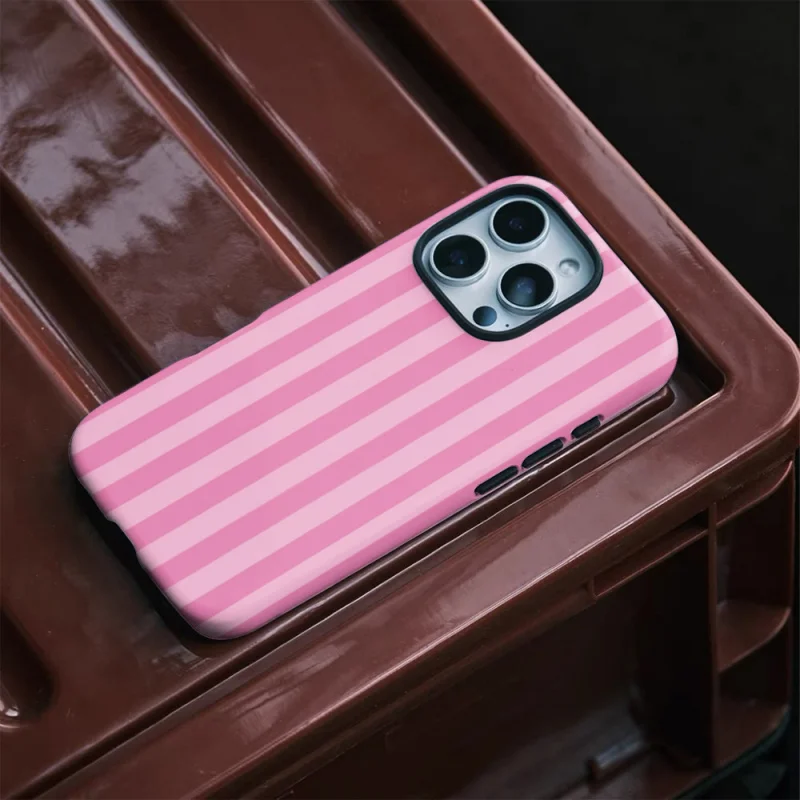 Fresh pink stripes Phone Case suitable for iPhone 17 16ProMax 15 14 14 12mini 7Plus XR 2in1 tough glossy case 5