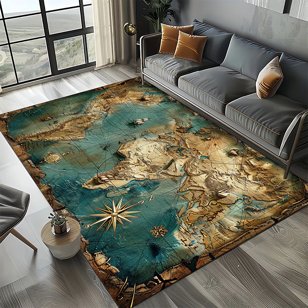 Nautical Map Rug – Retro Marine Compass Carpet | Non Slip Floor Mat for Living Room