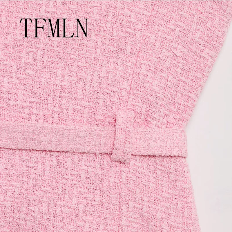 TFMLN New Spring Women Fashion Texture Vest Top With Belt O-Neck Sleeveless Pockets Decoration Casual Slim Waistcoat Tops