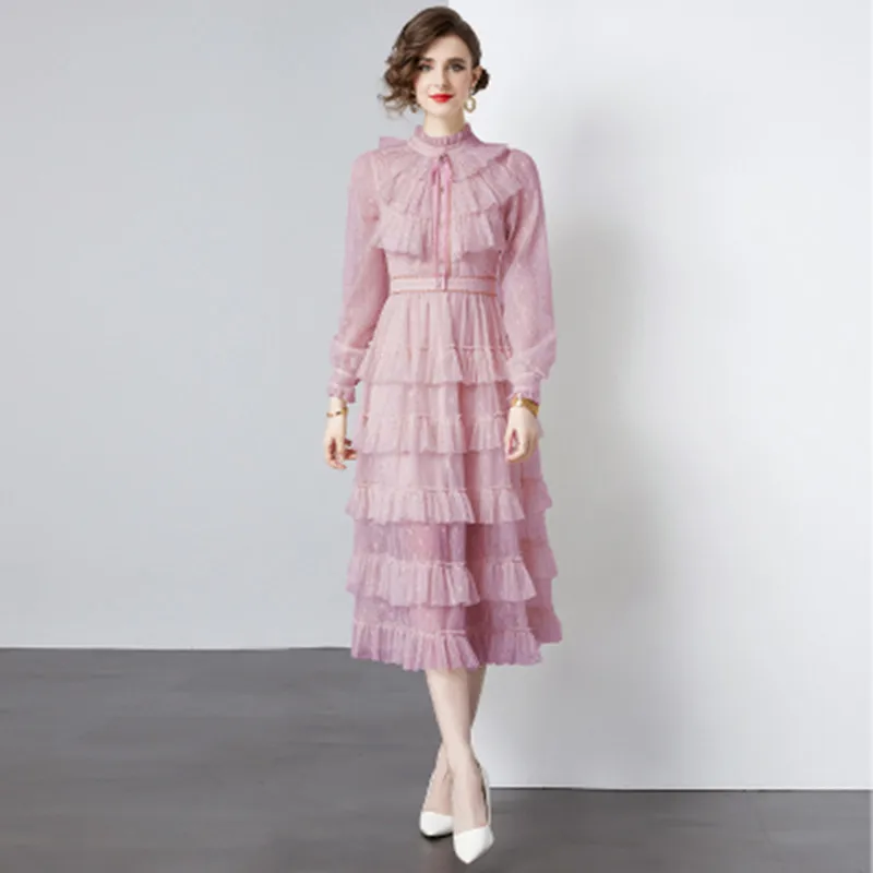 

2024 Spring New Temperament Socialite High-End Exquisite French Small Fragrance Dress Woman Long Sleeve Bow Cake Dress Vestidos