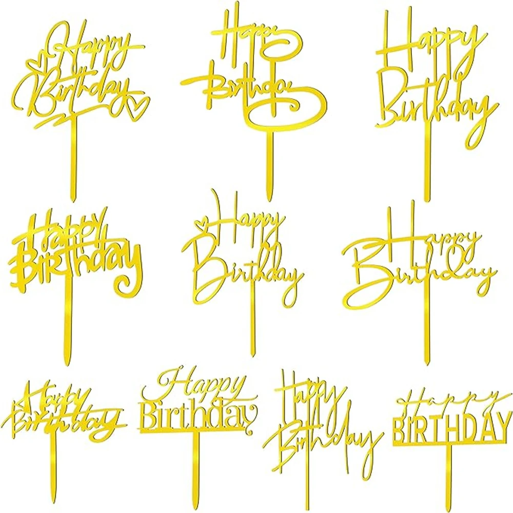 

10Pcs Gold Happy Birthday Cake Topper Acrylic Cupcake Topper Birthday Supplies Decorations