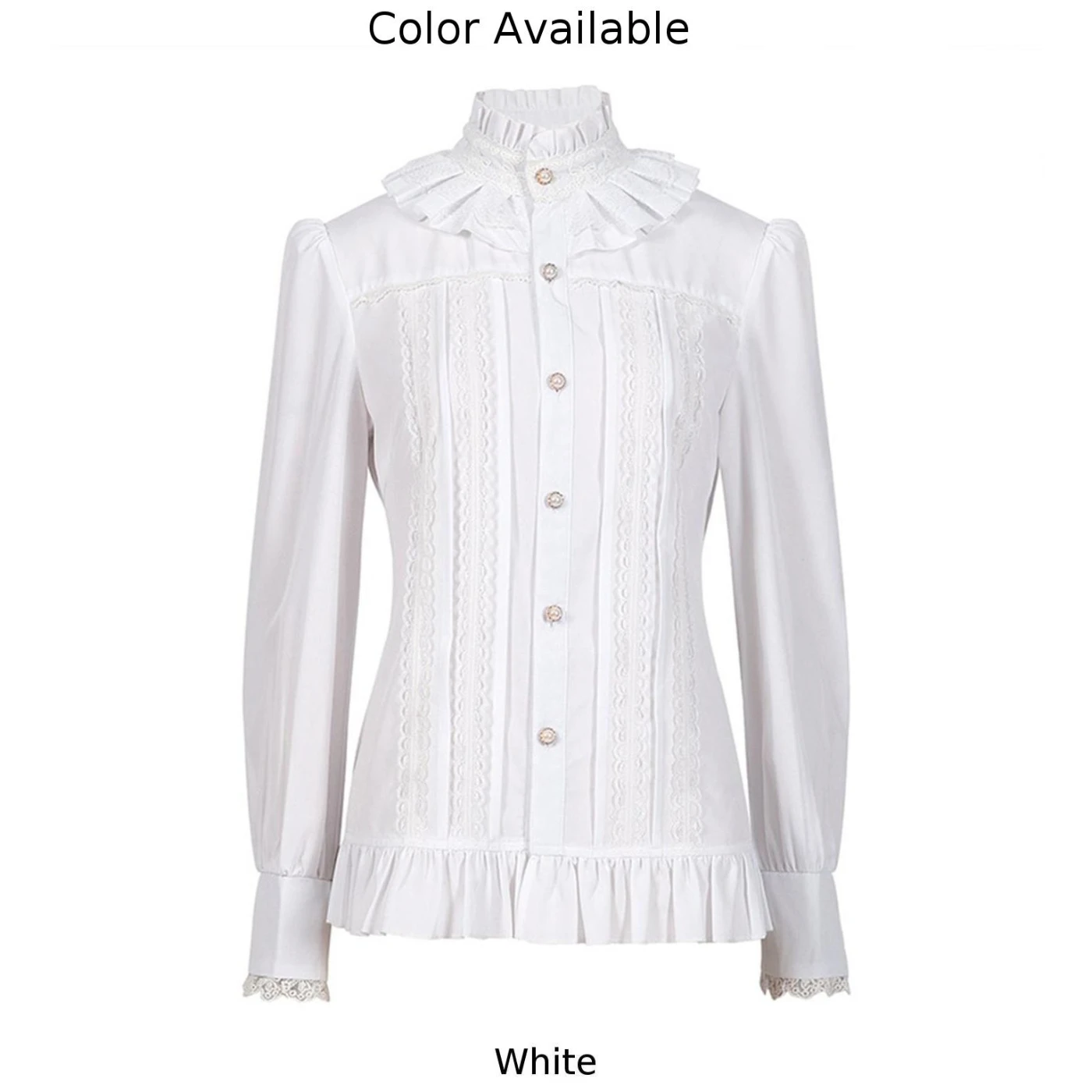 Vintage Victorian Women's Shirts And Blouse Solid White Gothic Stand Collar Lace Lolita Lotus Ruffle Tops Shirt Woman Clothing