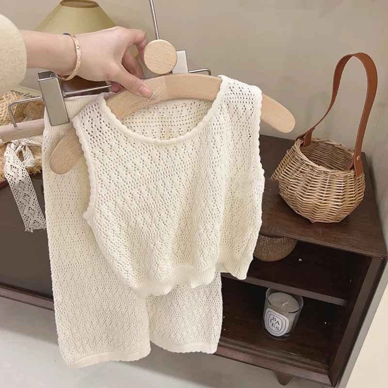 Mädchen Kleidung Sets Sommer koreanische dünne gestrickte Mädchen Set Kinder hohle atmungsaktive Weste weites Bein Hosen zweiteiligen Anzug