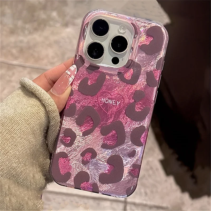 Chic Pink Leopard Print Heart Soft Phone Case