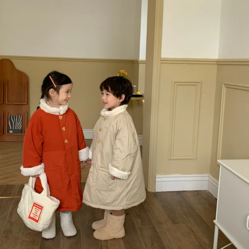 2022 Winter New Children&s Long Cotton Clothes Boys and Girls Lamb Wool Cotton Clothes Children&s Warm Cotton Jacket