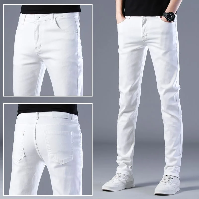 2023 Spring and Summer New Fashion Trend White Jeans Men's Casual Elastic Comfortable Large Size High-Quality Small Foot Pants
