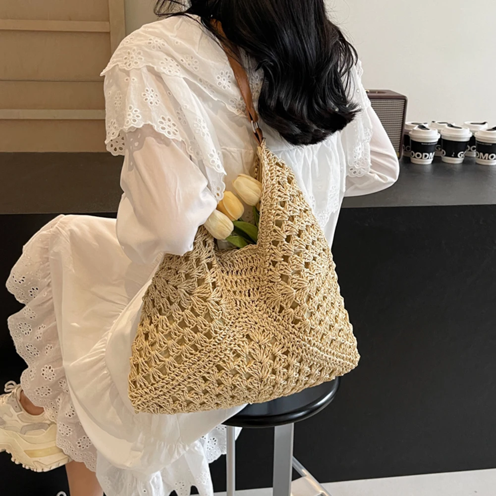 Summer Straw Bag Hollow Out Beach Shoulder Bag Large Underarm Bag Solid Color Holiday Travel Handbag Boho Shoulder Purse