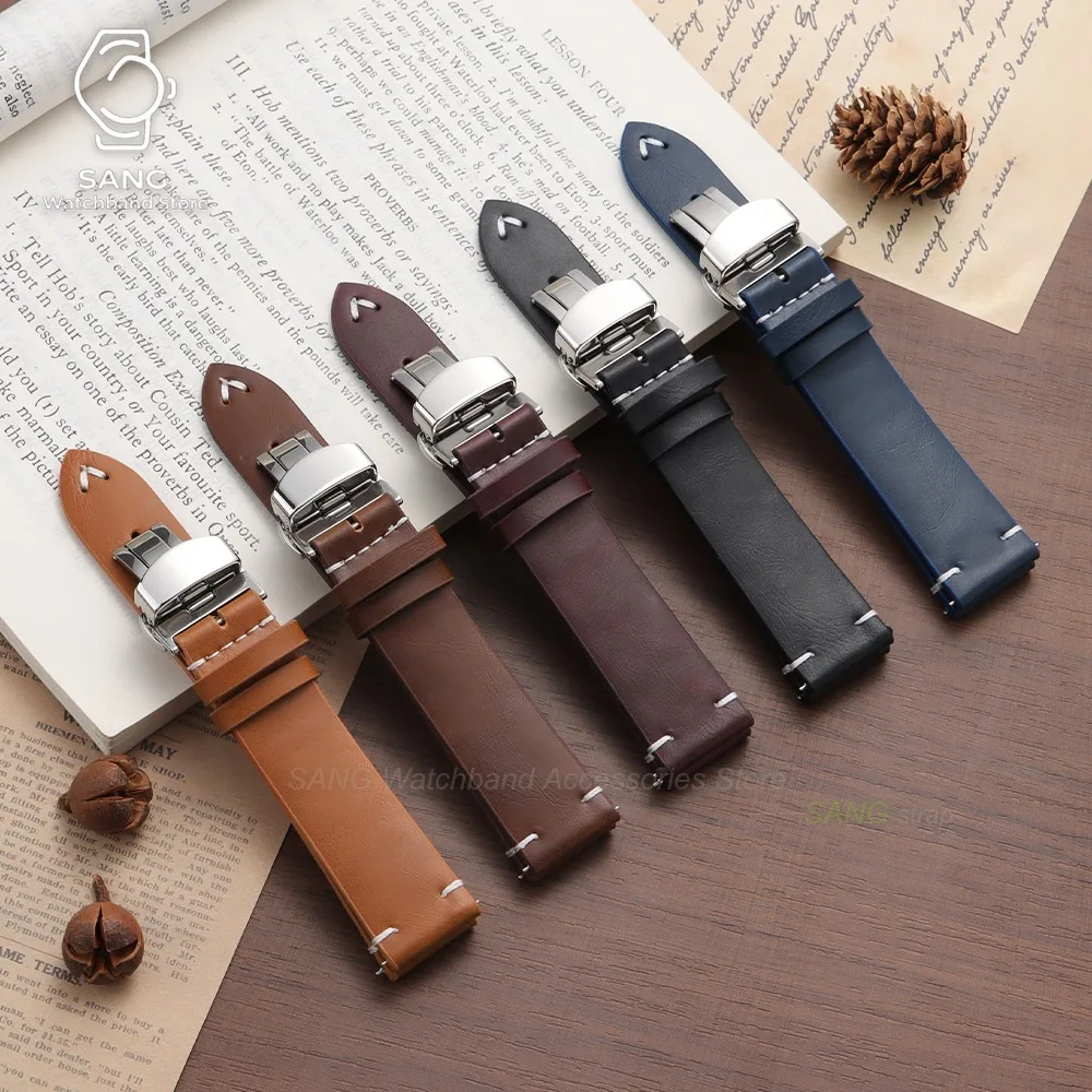 Elegant Black & Brown Leather Watchband with Stainless Steel Butterfly Clasp