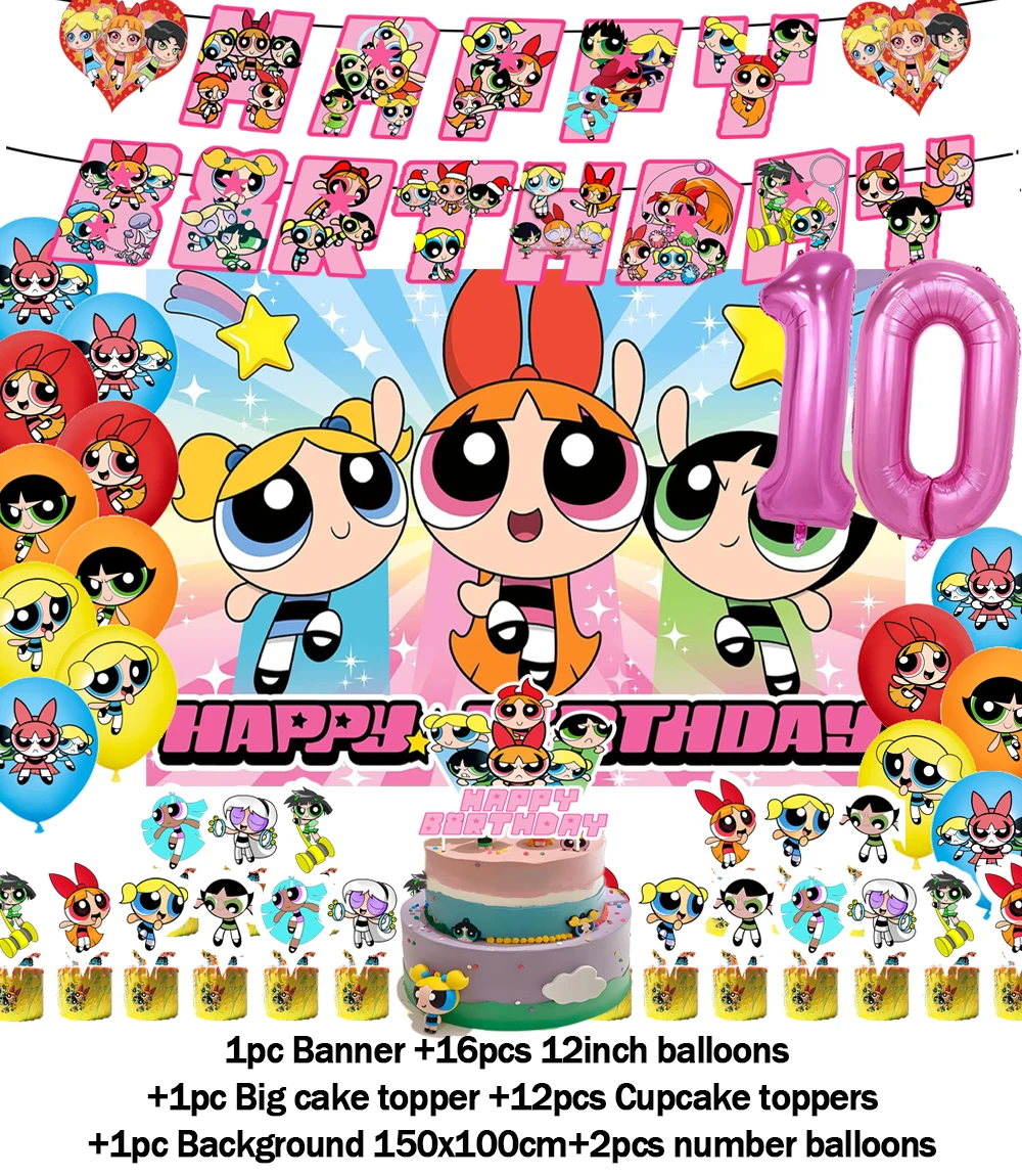 The Powerpuff Girls Geburtstagsparty-Dekorationshintergrund, großäugiger, süßer Kinderhintergrund, Ballonbanner, Babyparty, Kindergeschenkzubehör – Detail 10
