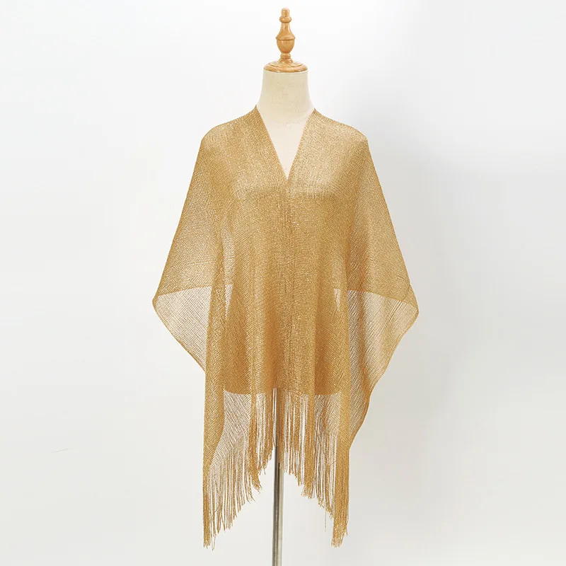 Fashion Bright Silk Sunscreen Shawl Hijab Gold Silver Shiny Scarves For Women Lace Tassel Party Evening Dress Scarf 5