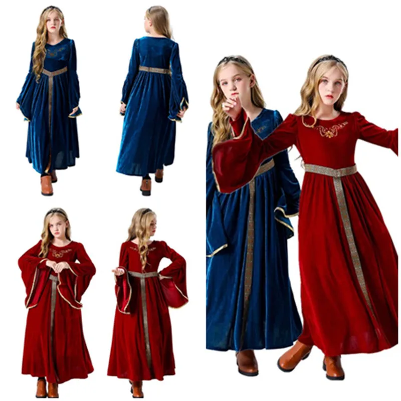 

Retro Medieval Kids Princess Cosplay Costume Chirldren Girls Fantasy Palace Long Dress Outfits Halloween Carnival Party Suit