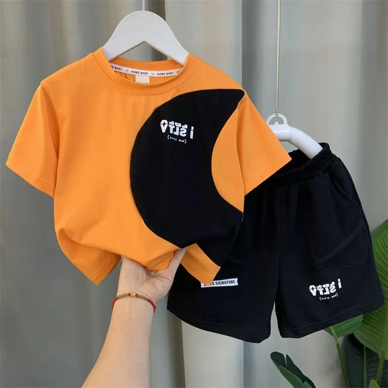 

Детский комплект летней одежды, новинка, комплект с коротким рукавом для мальчиков, Детская летняя Корейская Повседневная футболка и шорты, комплект из 2 предметов