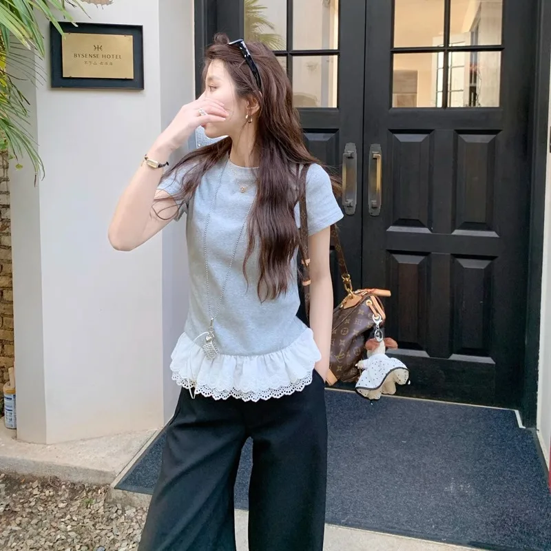 Summer Short Sleeve Lace Patchwork Tshirt for Women