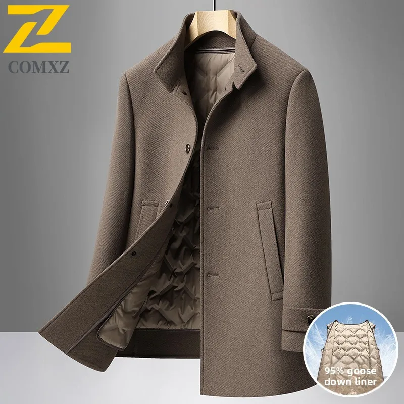COMXZ Men Wool Blends Coat Removable Liner Luxury High End Business Outdoor Golf Coat Office Warm Goose Down Lightweight Padding