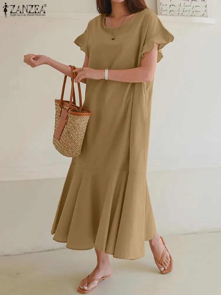 

ZANZEA Fashion Ruffles Hem Dress Women Short Sleeve Solid Color Dresses Summer Casual Holiday Sundress Femme Elegant Robe 2023