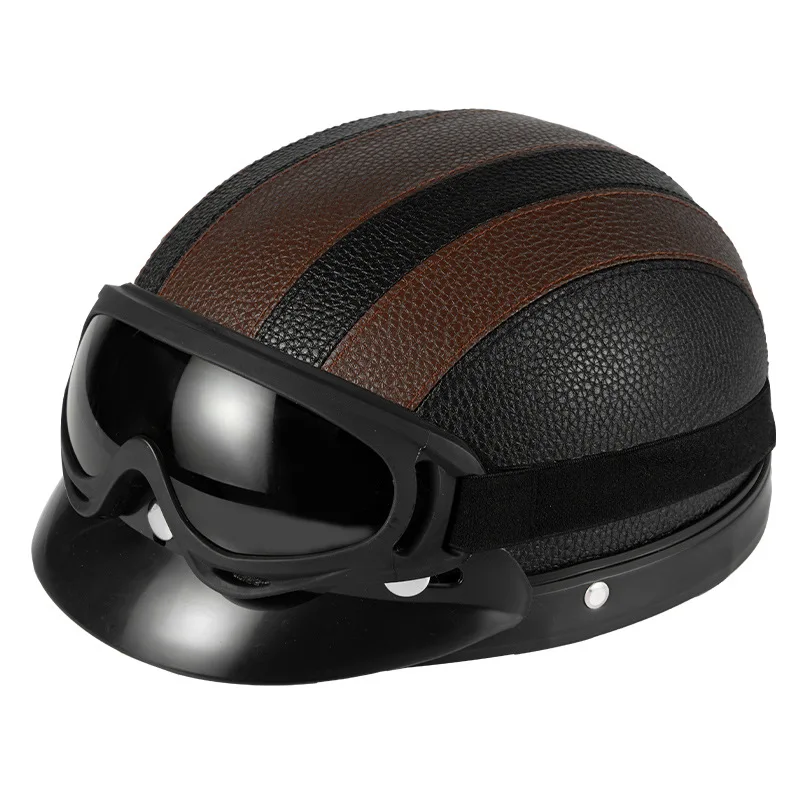 Electric Car for Harley PU Leather Retro Helmet with Goggles Scarf Men and Women Riding Sunshade Safety Protection Half Helmet