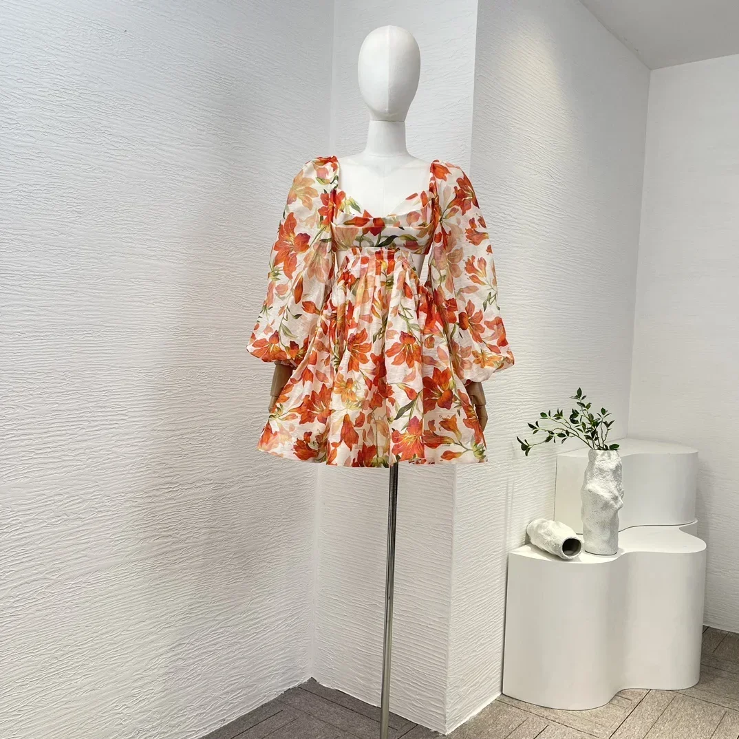 

Stretchable Back Straps New Women Clothing 2024 Silk Linen Orange Sweet Floral Print Backless Long Lantern Sleeve Mini Dress