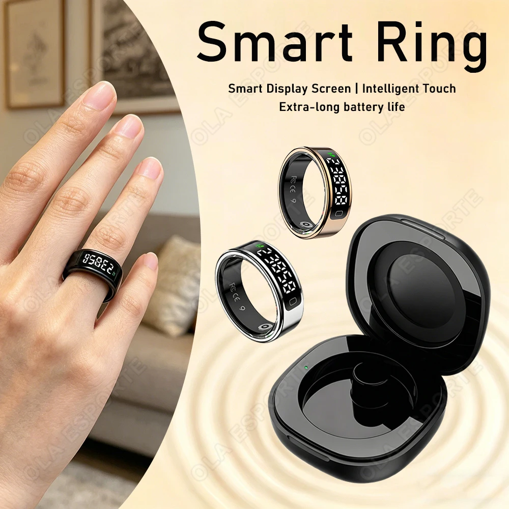 2026 New Fashion Smart Ring LED Display with Charging Case Heart Rate Sleep Monitoring IP68 Waterproof Pedometer Fitness Rings 1