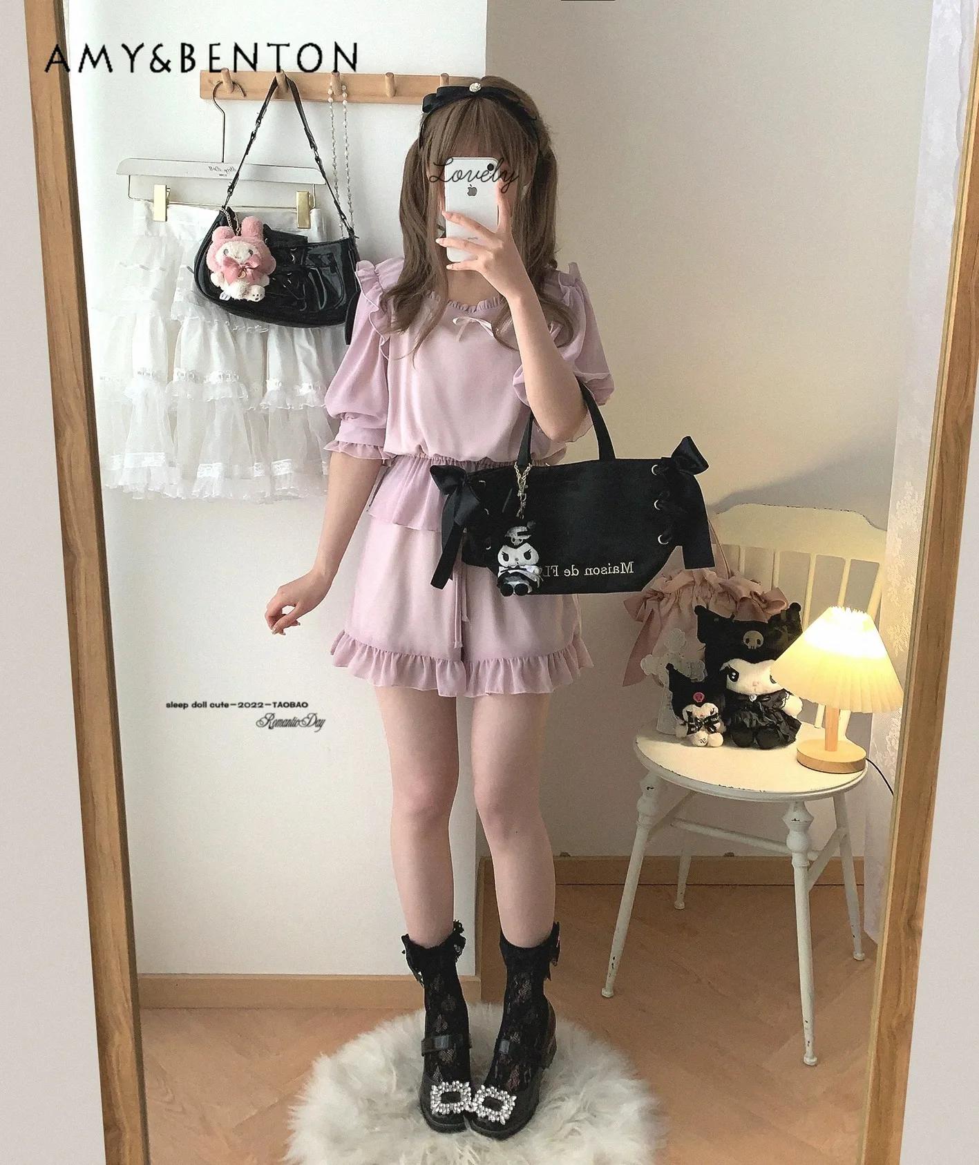 Japanese Single Sweet Chiffon Bow Lotus Leaf T-shirt Top Shorts Suit Women Cute Girl Lolita Short Sleeve Shirt Casual Shorts Set