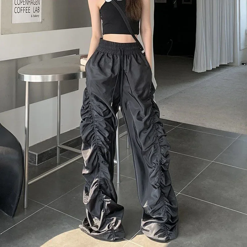 

Lucyever Y2K Vintage Folds Wide Leg Trousers Women Diablo Style High Waist Drawstring Full Pants Unisex Bf Baggy Casual Pants