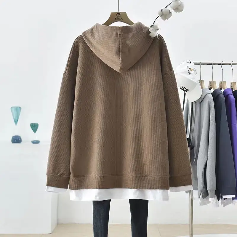 Spring Autumn Contrast Thin Fake Two Piece Hooded Long Sleeve Lacing Loose Plus Size Sweatshirts Casual Fashion Women Clothing