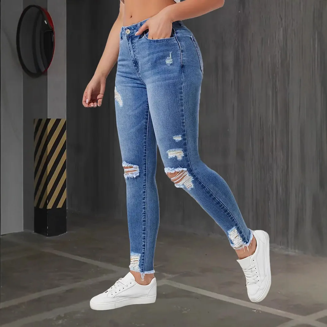 Fashion Skinny Hole Jeans Women 2025 Autumn Stretchy High Waisted Ripped Slim Retro Solid Color Denim Trousers Pants 3