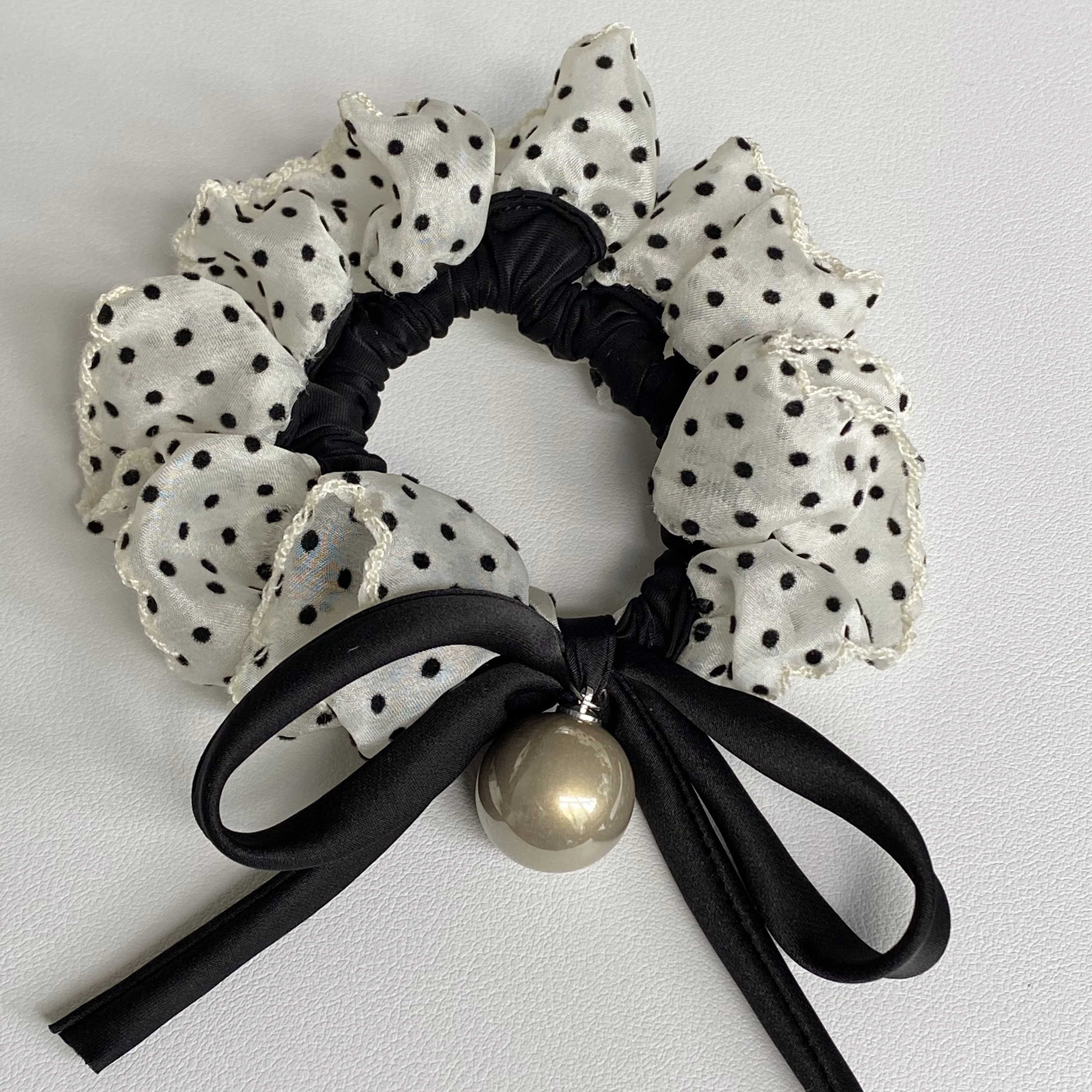 1PC Elegant Polka Dot Chiffon Hair Scrunchies Set, 2 - Piece With Black Bow And Pearl Decor, Sweet Hair Accessories For Women