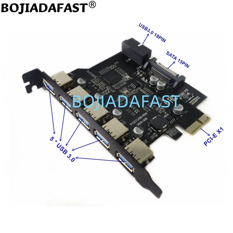 

5 разъемов USB 3,0 к PCI Express PCI-E 1X плата расширения контроллера 5 Гбит/с 19-контактным разъемом и 15-контактным портом питания SATA