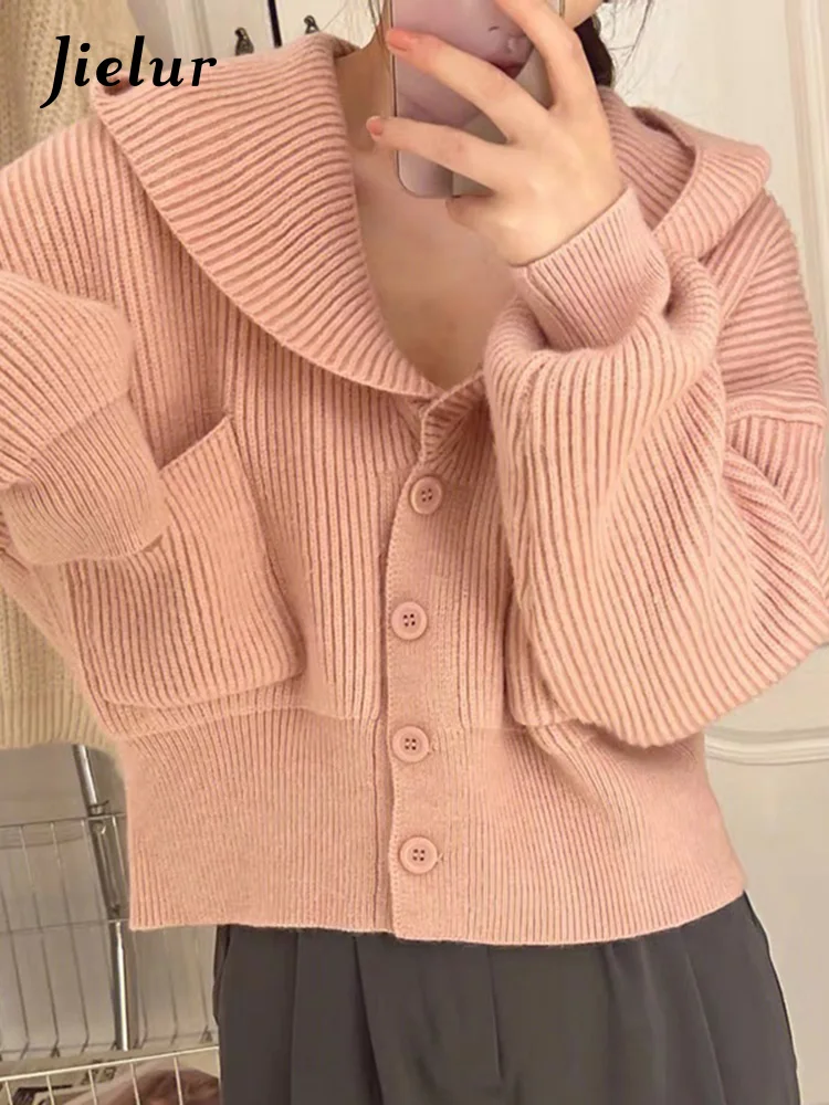 

Jielur Hooded Winter Slim Fashion Women's Cardigan Single Breasted Turndown Collar Pockets Casual Female Sweater Office Ladies